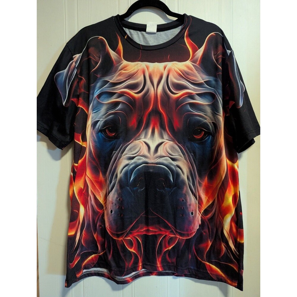 Men’s XXL 3D Pitbull Dog Graphic Flame Print Crew Neck Short Sleeve T-Shirt